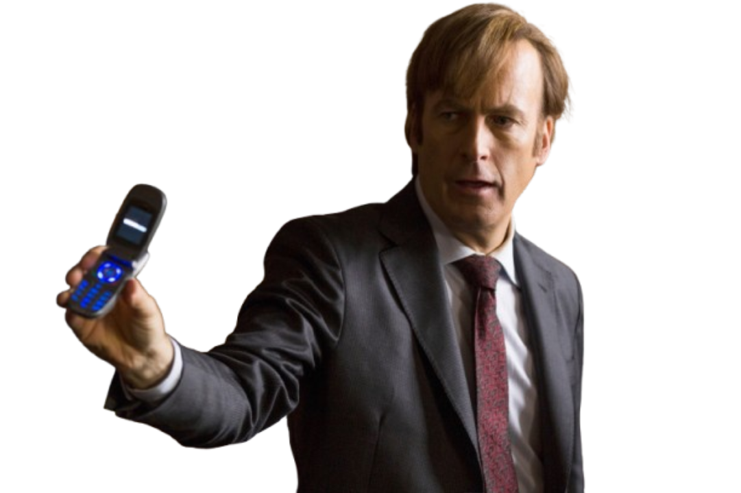 Saul Goodman holding out a flip phone